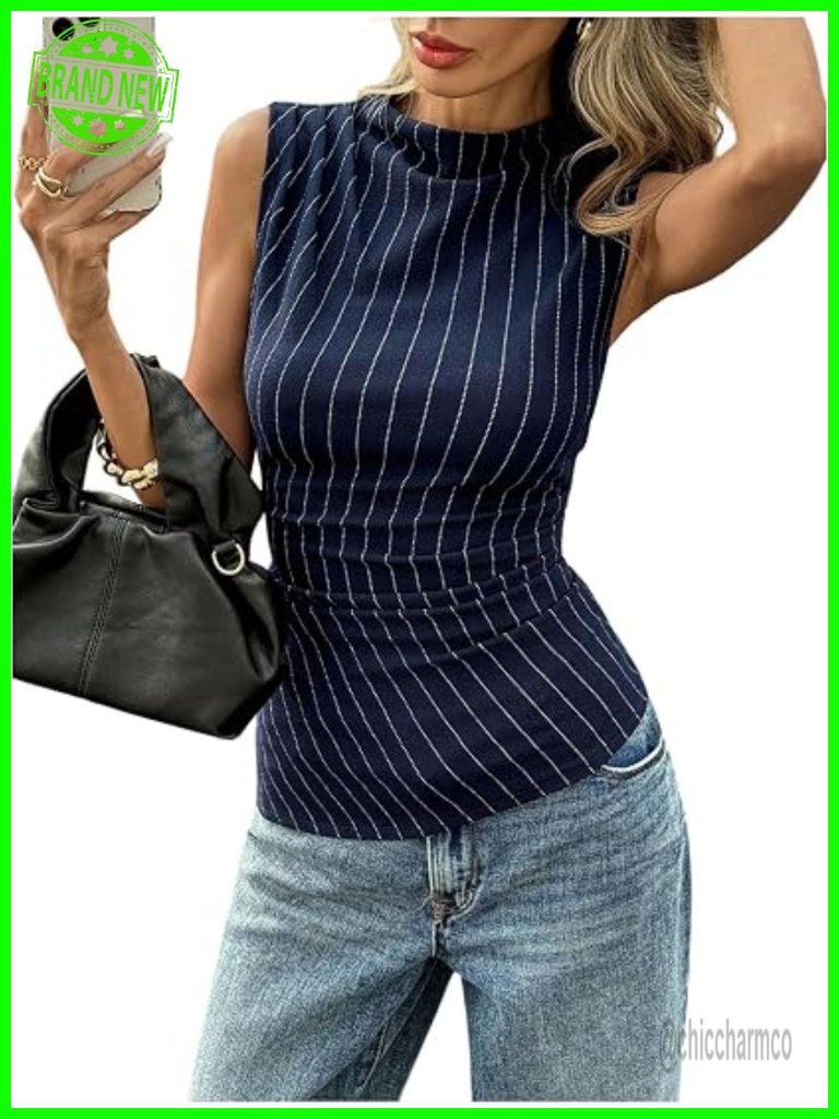 Mock Neck Pinstripe Sleeveless Tank Top - Fitted Ruched Sides Business Casual